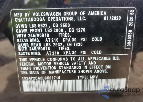 2020 Volkswagen Atlas S z USA, uszkodzony, nr VIN 1V2AP2CA8LC501719